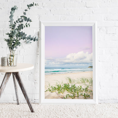 dune grass at teh beach with a pastel sunset wall art print in a white frame photograph fine art print by julie sisco