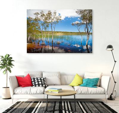peaceful photograph of Brown Lake on North Stradbroke Island printed on canvas on a living room wall
