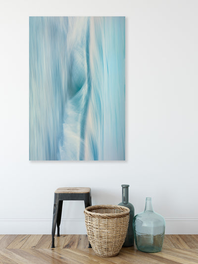 blue toned abstract wall art photographic piece by Julie Sisco North Stradbroke Island elemental styled with bottles basket and stool