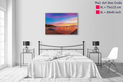 Mock up of wall art in bedroom to show sizing compared to a queen size bed