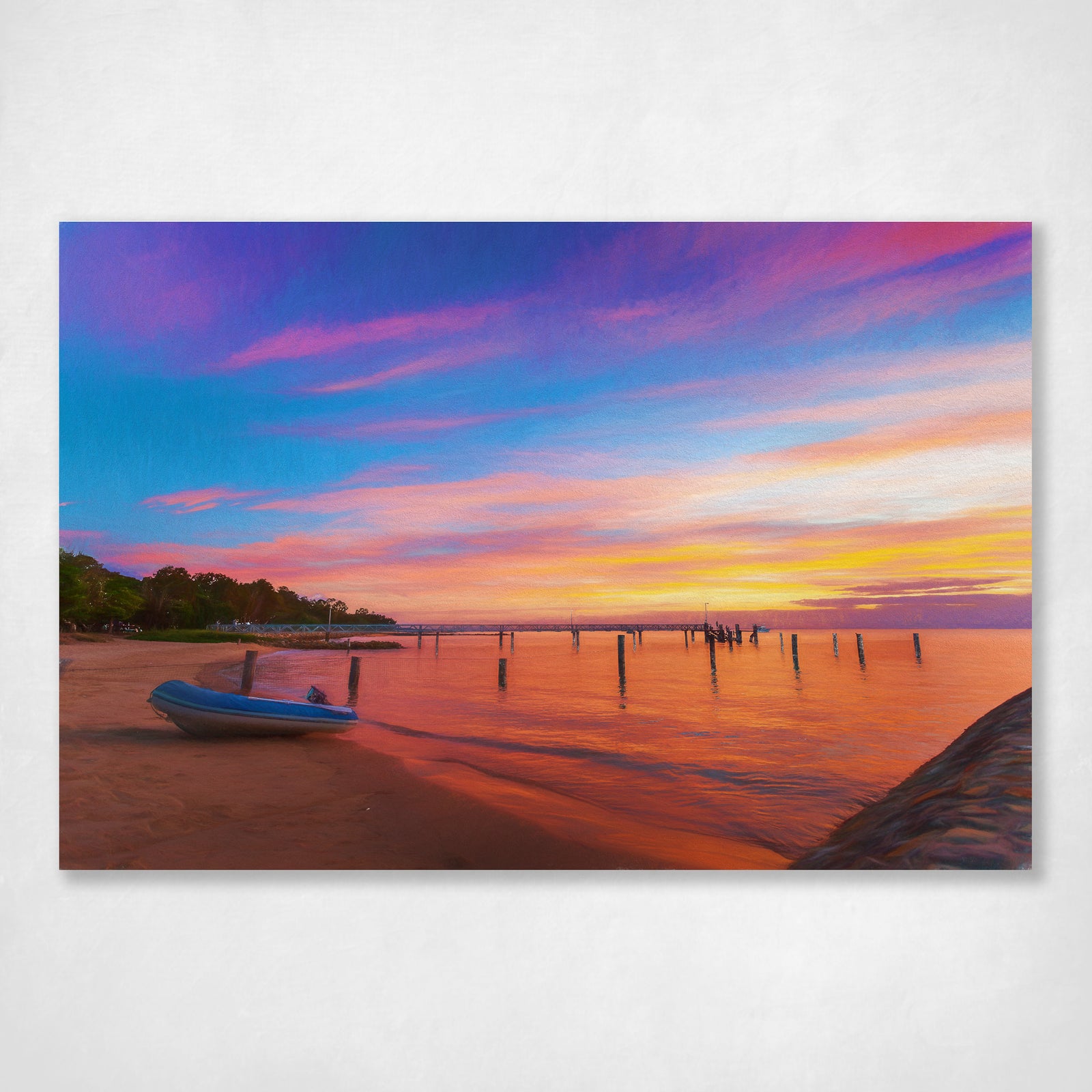 Sunset wall art photograph at Amity on North Stradbroke Island with a dinghy boat on the shore