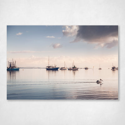 Coastal Serenity Wall Art Print Calm Moreton Bay Waters Pelican Boats at Anchor - Floating