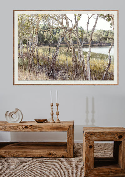 Paperbark Trees framed wall art with wooden decor rustic earthy coffee table and ottoman