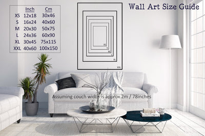 Wall art size guide in living room showing different size prints demonstrated on the wall behind a white couch