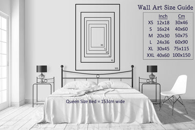 wall art print size guide showing different size prints compared to the queen size bed