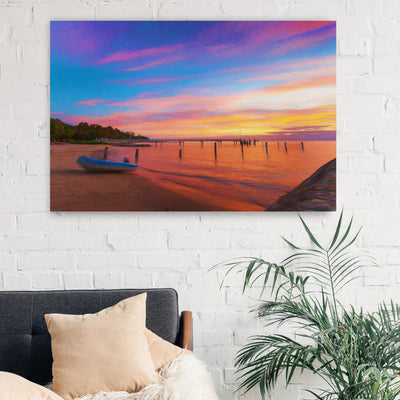 Amity sunset wall art photographic print Straddie Island with a dinghy boat on the beach shore